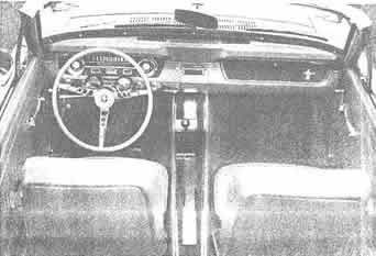 MUSTANG INTERIORS can be augmented with tunnel covering console, tach-and-clock "Rally Pac."